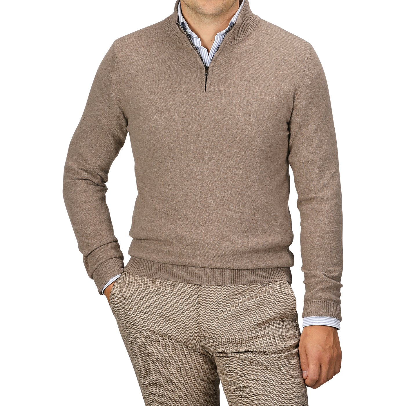 A person wearing a Daniele Fiesoli Light Brown Wool Cashmere Quarter Zip Sweater over a light blue shirt and beige pants, with their left hand in their pocket. Their face is not visible.