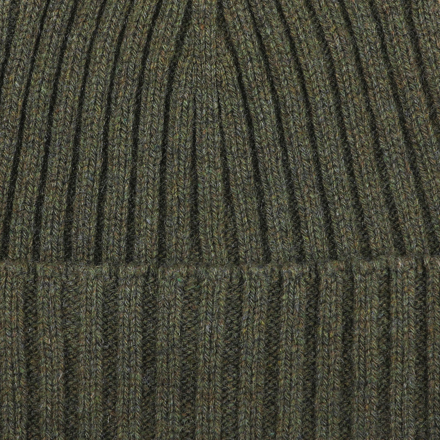 A close-up of the Military Green Ribbed Cashmere Beanie by Daniele Fiesoli, highlighting the detailed texture and pattern of upcycled cashmere.