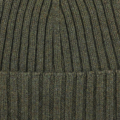 A close-up of the Military Green Ribbed Cashmere Beanie by Daniele Fiesoli, highlighting the detailed texture and pattern of upcycled cashmere.