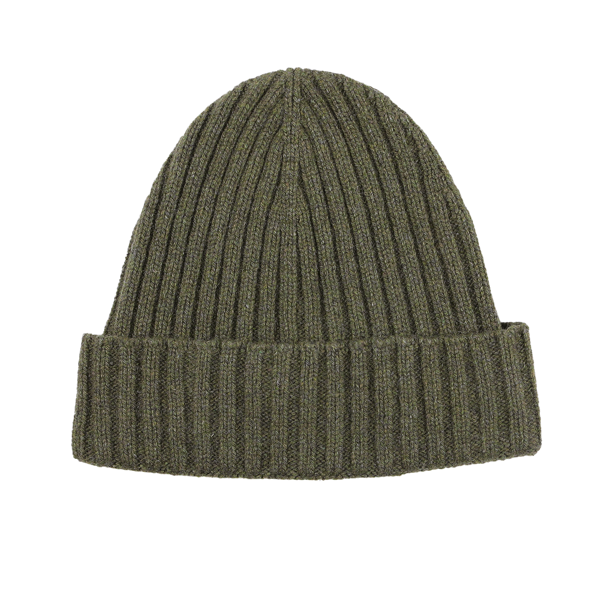 The Military Green Ribbed Cashmere Beanie by Daniele Fiesoli, made from upcycled cashmere and featuring a folded brim, is displayed against a white background.