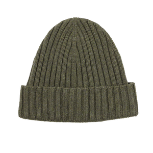 The Military Green Ribbed Cashmere Beanie by Daniele Fiesoli, made from upcycled cashmere and featuring a folded brim, is displayed against a white background.