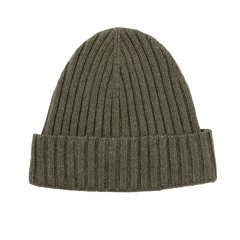 The Military Green Ribbed Cashmere Beanie by Daniele Fiesoli, made from upcycled cashmere and featuring a folded brim, is displayed against a white background.