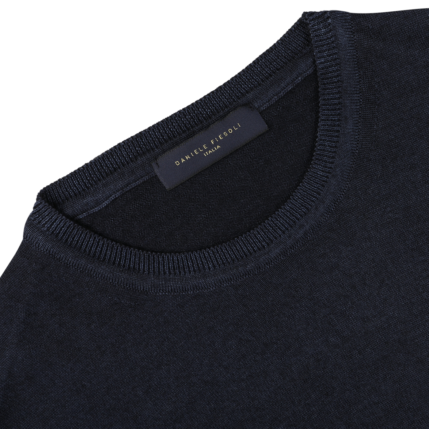 Close-up image of the Navy Blue Melange Merino Wool Crewneck, crafted by knitwear specialists from luxurious merino wool, featuring a label with "DANIELE FIESOLI" sewn on the inside neckline.