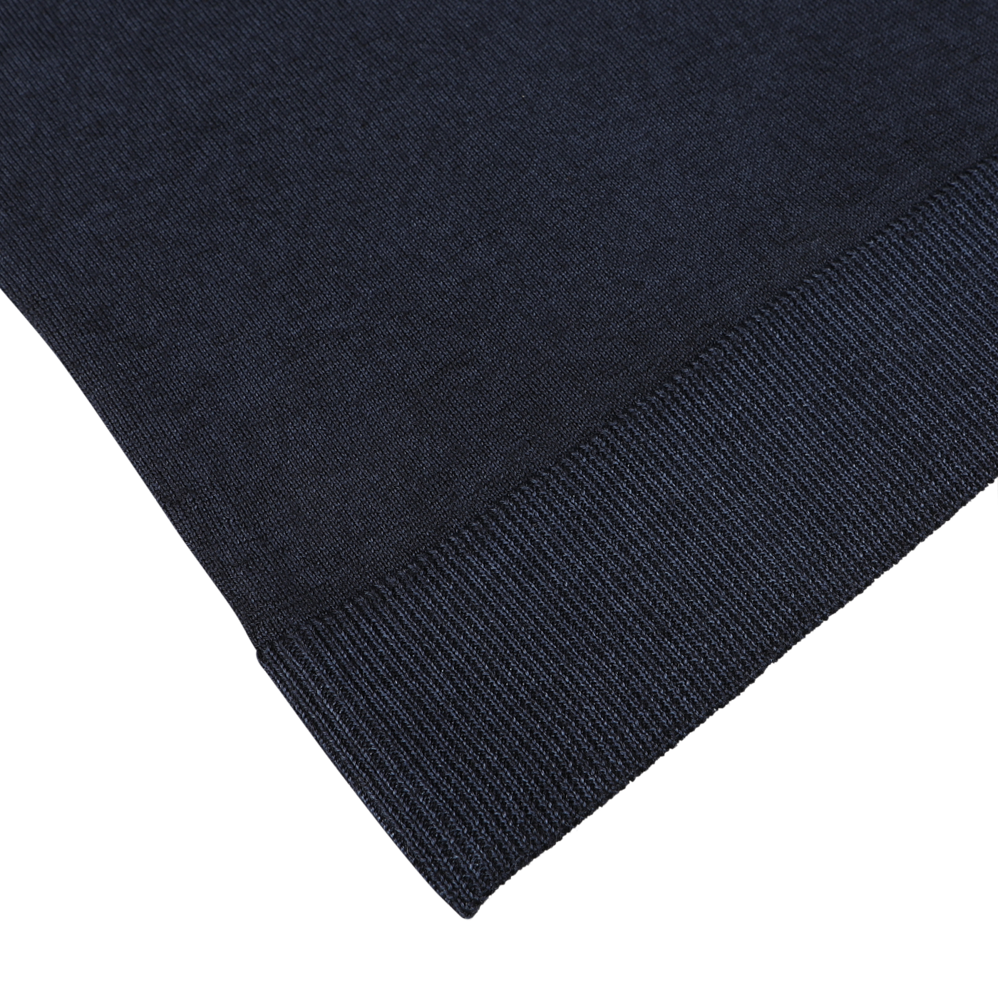 Close-up of the hem of a Daniele Fiesoli Navy Blue Melange Merino Wool Crewneck, showcasing a ribbed texture at the edge against a white background.