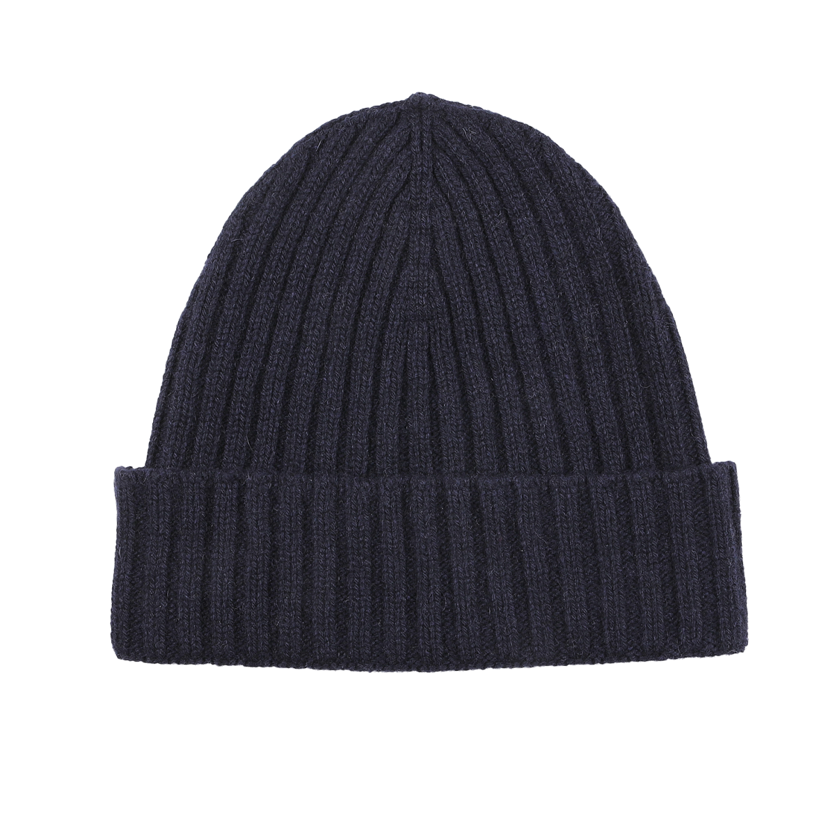 Daniele Fiesoli's Navy Blue Ribbed Cashmere Beanie, crafted from upcycled cashmere, is displayed against a white background.