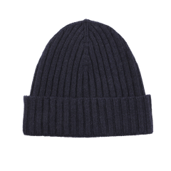 Daniele Fiesoli's Navy Blue Ribbed Cashmere Beanie, crafted from upcycled cashmere, is displayed against a white background.