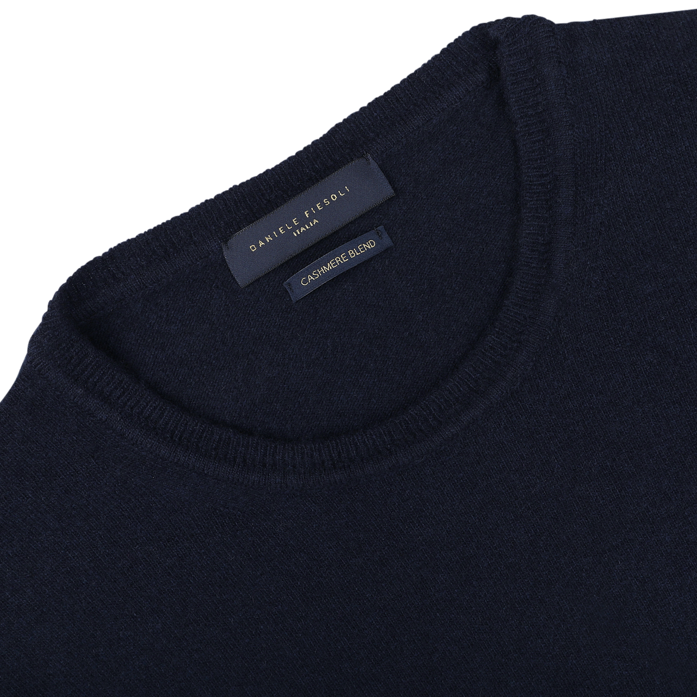 Close-up of a Navy Blue Wool Cashmere Crewneck by Daniele Fiesoli, featuring a label that proudly states "Made in Italy.