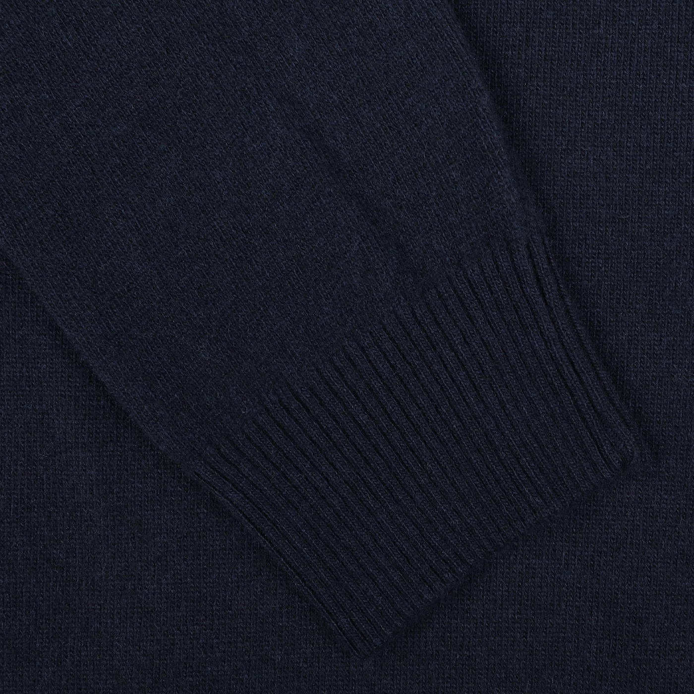 A close-up view of the sleeve of the Daniele Fiesoli Navy Blue Wool Cashmere Crewneck, highlighting its ribbed cuff detailing.