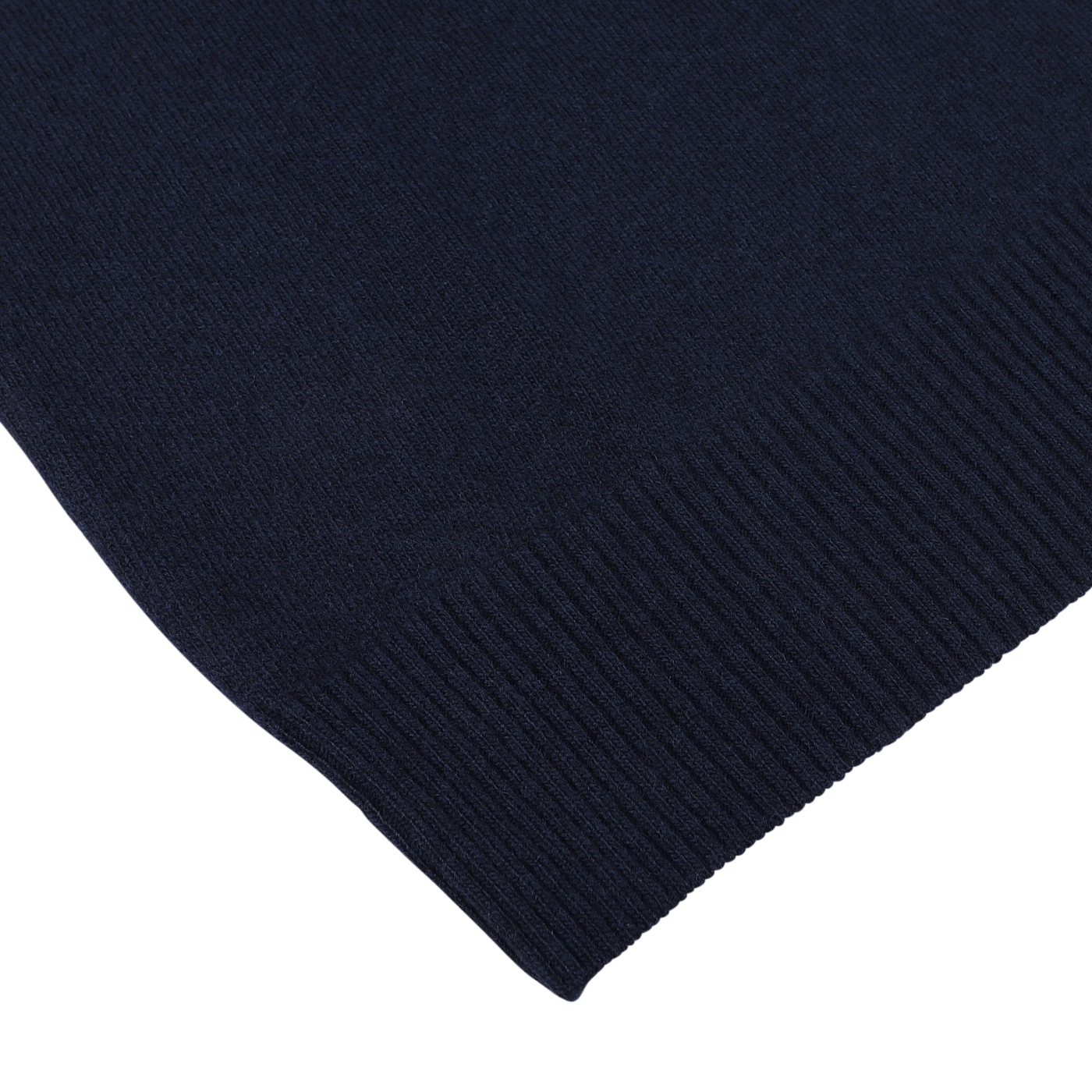 Close-up of the corner of a Daniele Fiesoli Navy Blue Wool Cashmere Crewneck sweater, showcasing ribbed detailing at the edge. This luxurious piece, made in Italy from a wool-cashmere blend, exudes timeless elegance and comfort.