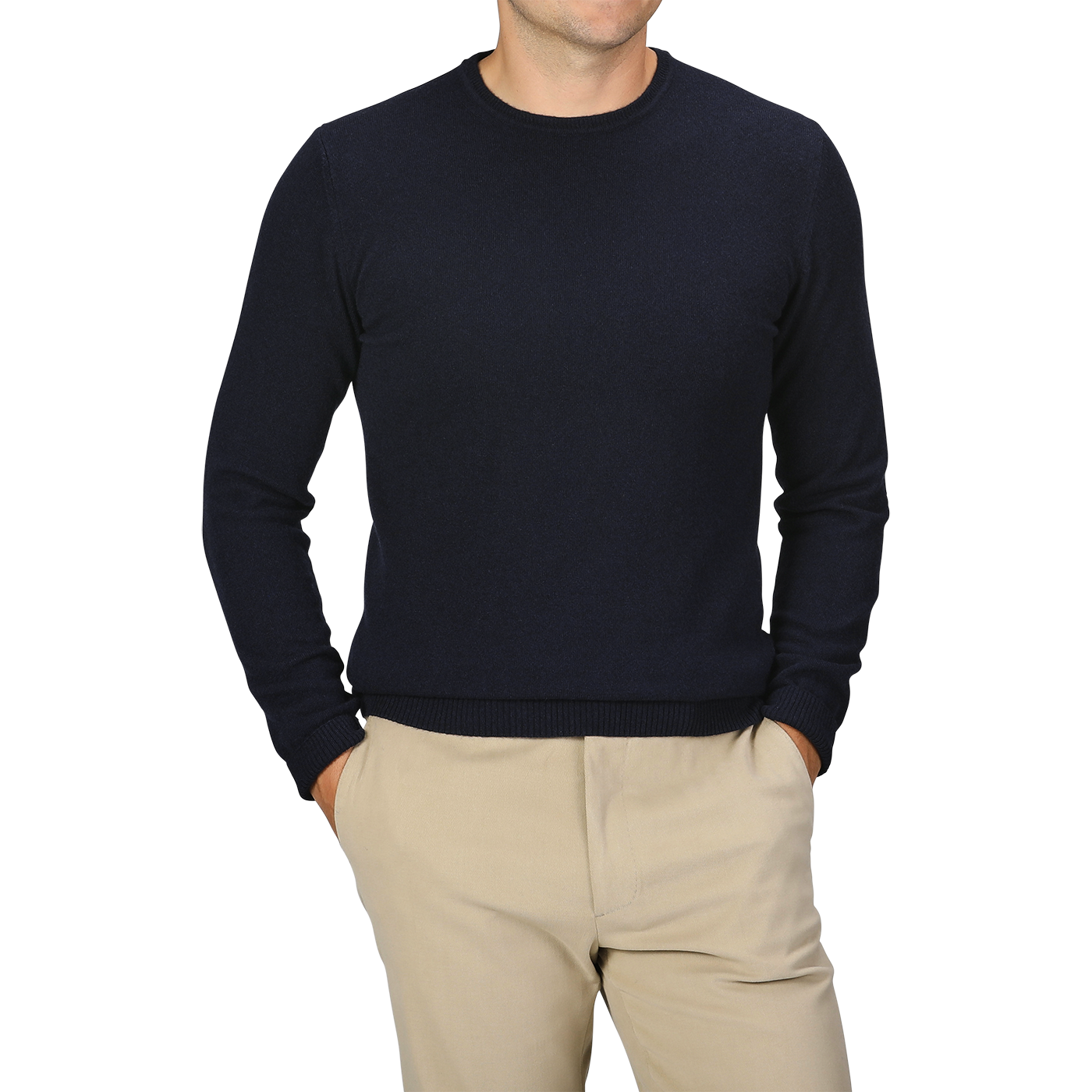 A person wearing a Daniele Fiesoli Navy Blue Wool Cashmere Crewneck and beige pants with their hands in their pockets. The person's face is not visible.