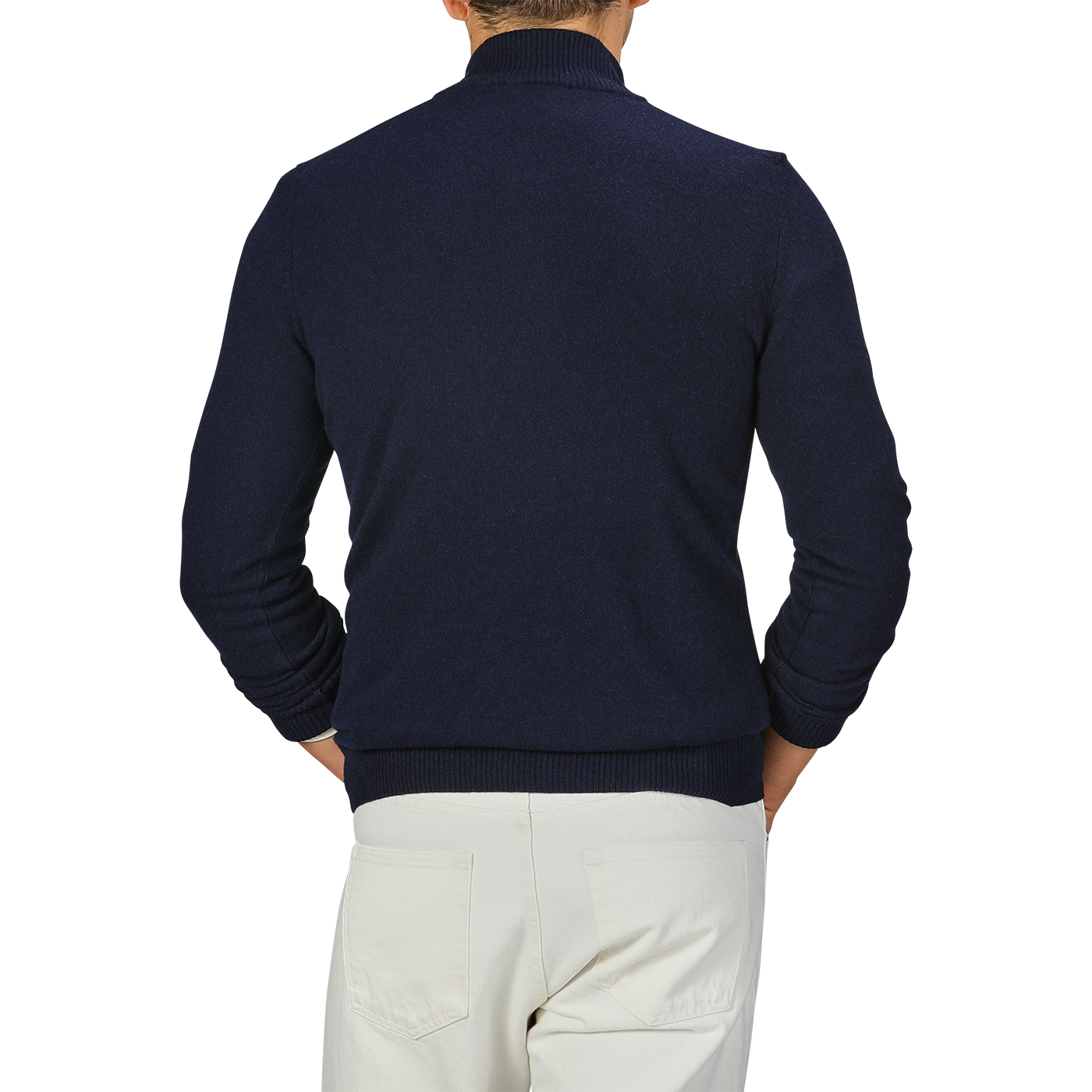 A person is seen from the back wearing a Daniele Fiesoli Navy Blue Wool Cashmere Quarter Zip Sweater and light-colored pants.