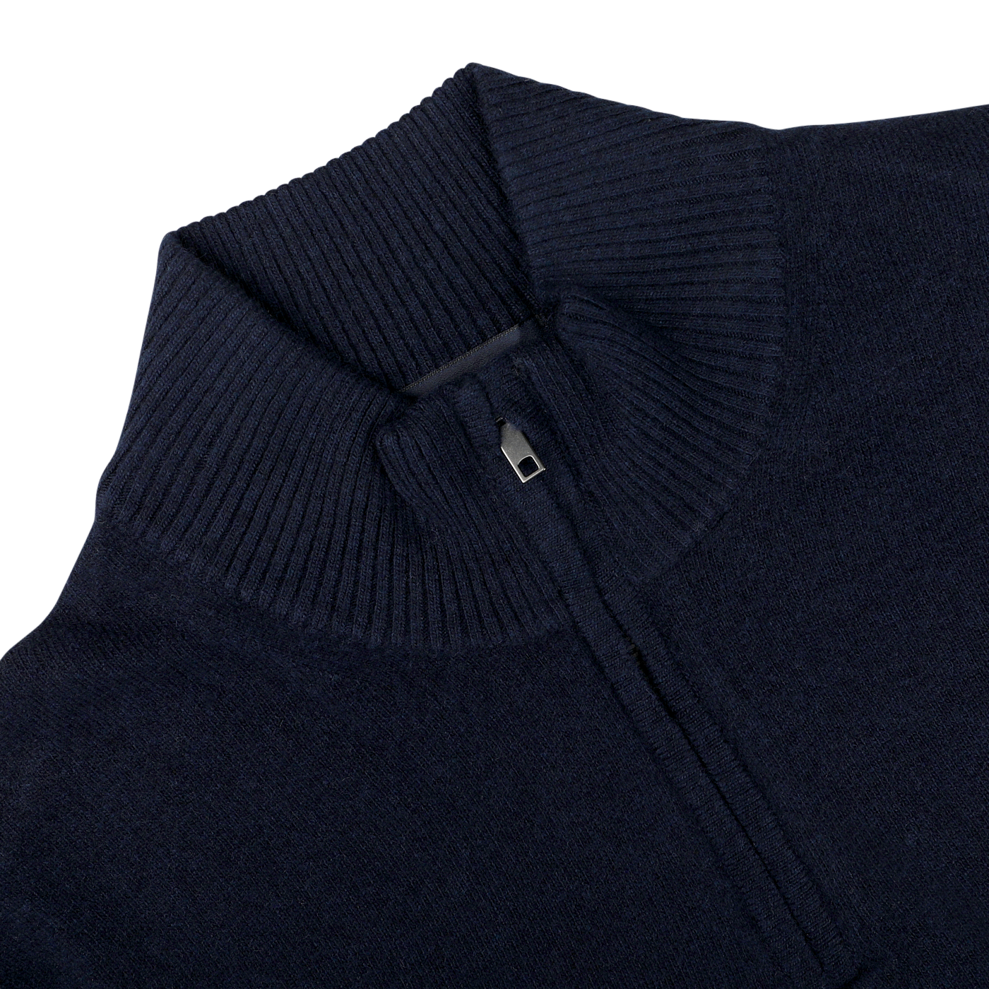 A close-up of the Navy Blue Wool Cashmere Quarter Zip Sweater by Daniele Fiesoli, highlighting the ribbed collar and zipper detail in a luxurious wool-cashmere blend.