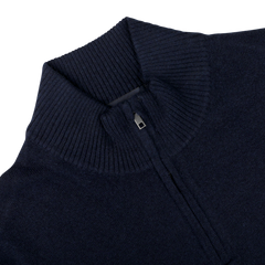 A close-up of the Navy Blue Wool Cashmere Quarter Zip Sweater by Daniele Fiesoli, highlighting the ribbed collar and zipper detail in a luxurious wool-cashmere blend.