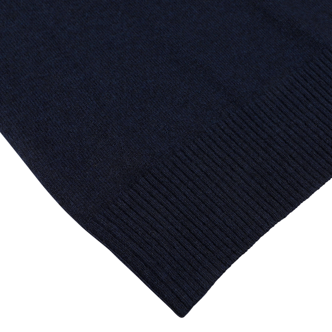 Close-up of the ribbed hem of the Navy Blue Wool Cashmere Quarter Zip Sweater from the Daniele Fiesoli collection.