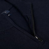 Close-up of the Daniele Fiesoli Navy Blue Wool Cashmere Quarter Zip Sweater featuring a ribbed collar and a partially unzipped front zipper, crafted from a luxurious wool-cashmere blend.