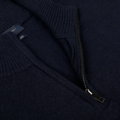 Close-up of the Daniele Fiesoli Navy Blue Wool Cashmere Quarter Zip Sweater featuring a ribbed collar and a partially unzipped front zipper, crafted from a luxurious wool-cashmere blend.