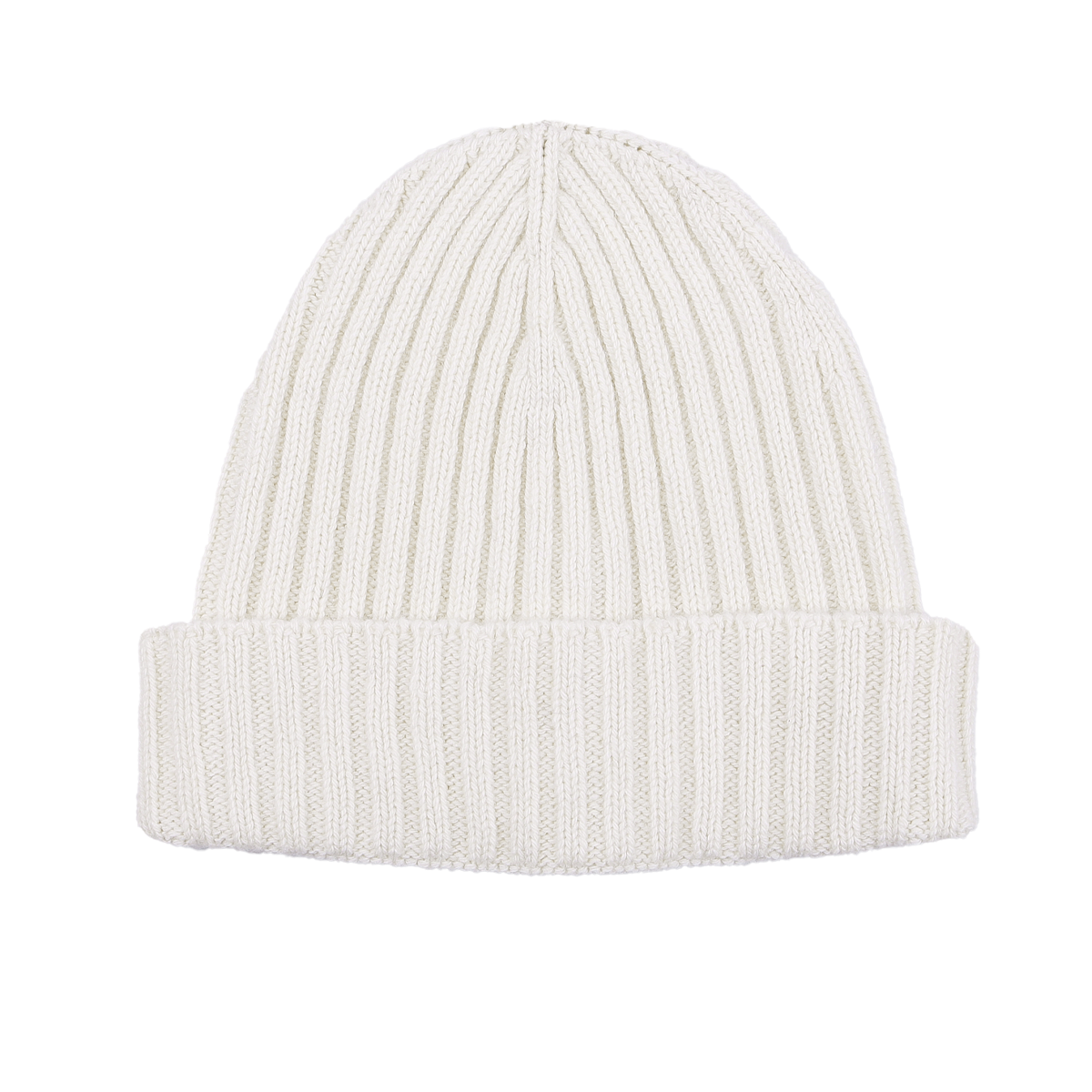 The Nuvola Ecru Ribbed Cashmere Beanie by Daniele Fiesoli is a white knitted marvel, showcasing a ribbed pattern and a folded brim, made from luxurious upcycled cashmere.