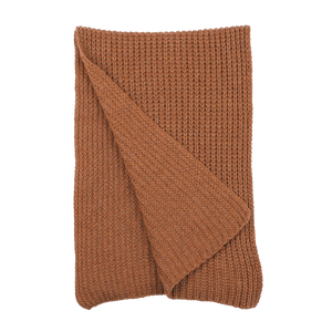 A folded Rhum Brown Cable Knit Cashmere Scarf by Daniele Fiesoli is showcased against a pristine white background.