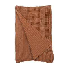 A folded Rhum Brown Cable Knit Cashmere Scarf by Daniele Fiesoli is showcased against a pristine white background.