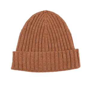 The Rhum Brown Ribbed Cashmere Beanie by Daniele Fiesoli, crafted by an Italian knitwear specialist, features a folded cuff and is centered on a white background.