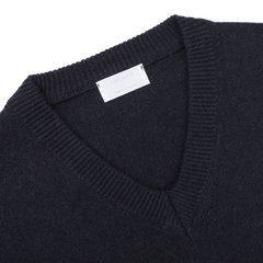 The Daniele Fiesoli Navy Blue Cashmere V-Neck Sweater is crafted from upcycled cashmere and features a white label inside the collar, made in Italy.