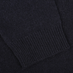 Close-up of the sleeve of the Daniele Fiesoli Navy Blue Cashmere V-Neck Sweater, showcasing the ribbed cuff detail, made from upcycled cashmere.