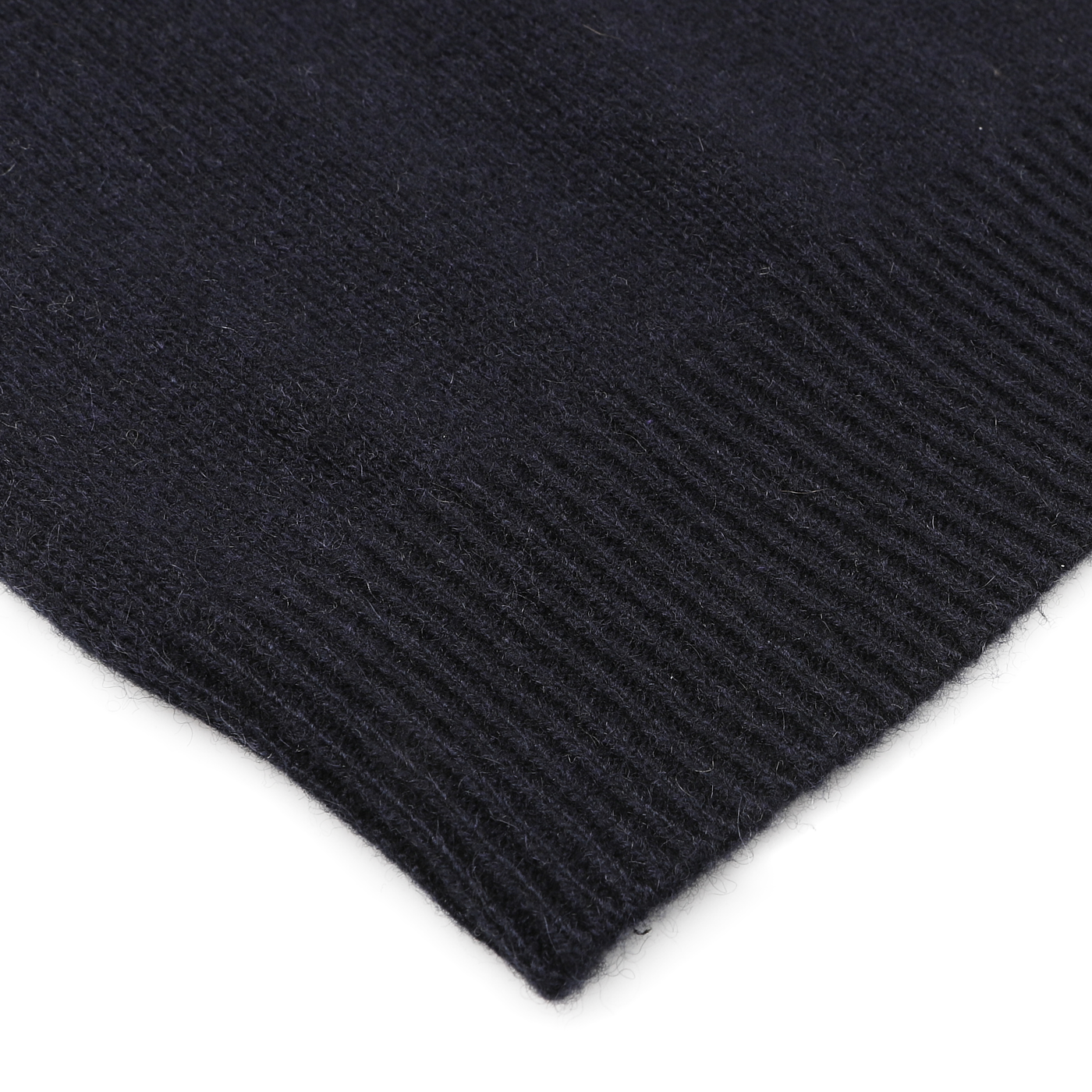 Close-up of the Daniele Fiesoli Navy Blue Cashmere V-Neck Sweater, made from upcycled cashmere with ribbed edge details, set against a white background.