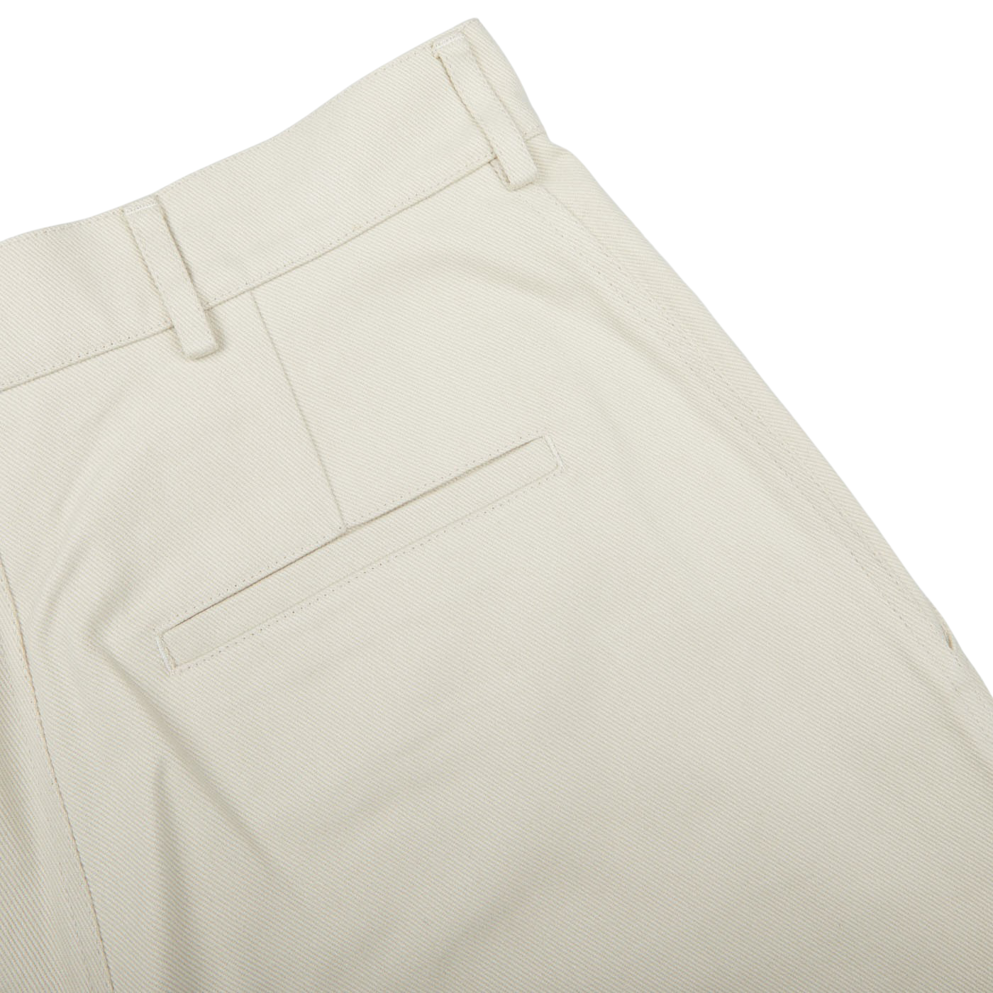 Close-up of a De Bonne Facture Undyed Heavy Cotton Drill Balloon Trousers waistband showing detailed stitching and a pocket.