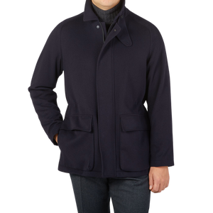 De Petrillo Navy Blue Wool Cashmere Caban Jacket Front