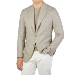 De Petrillo Taupe Grey Herringbone Wool Posillipo Blazer Front