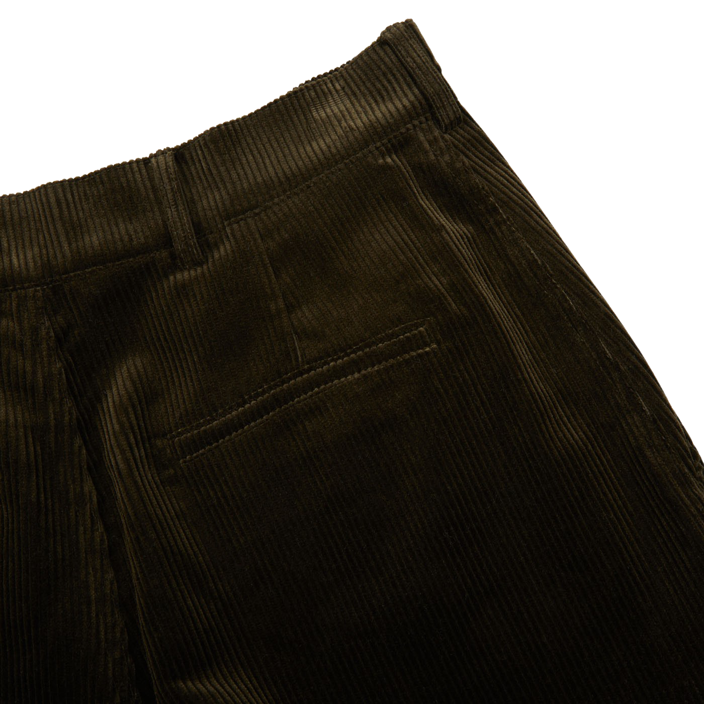 A close up of the Dark Olive Cotton Corduroy Balloon Trousers made by De Bonne Facture.