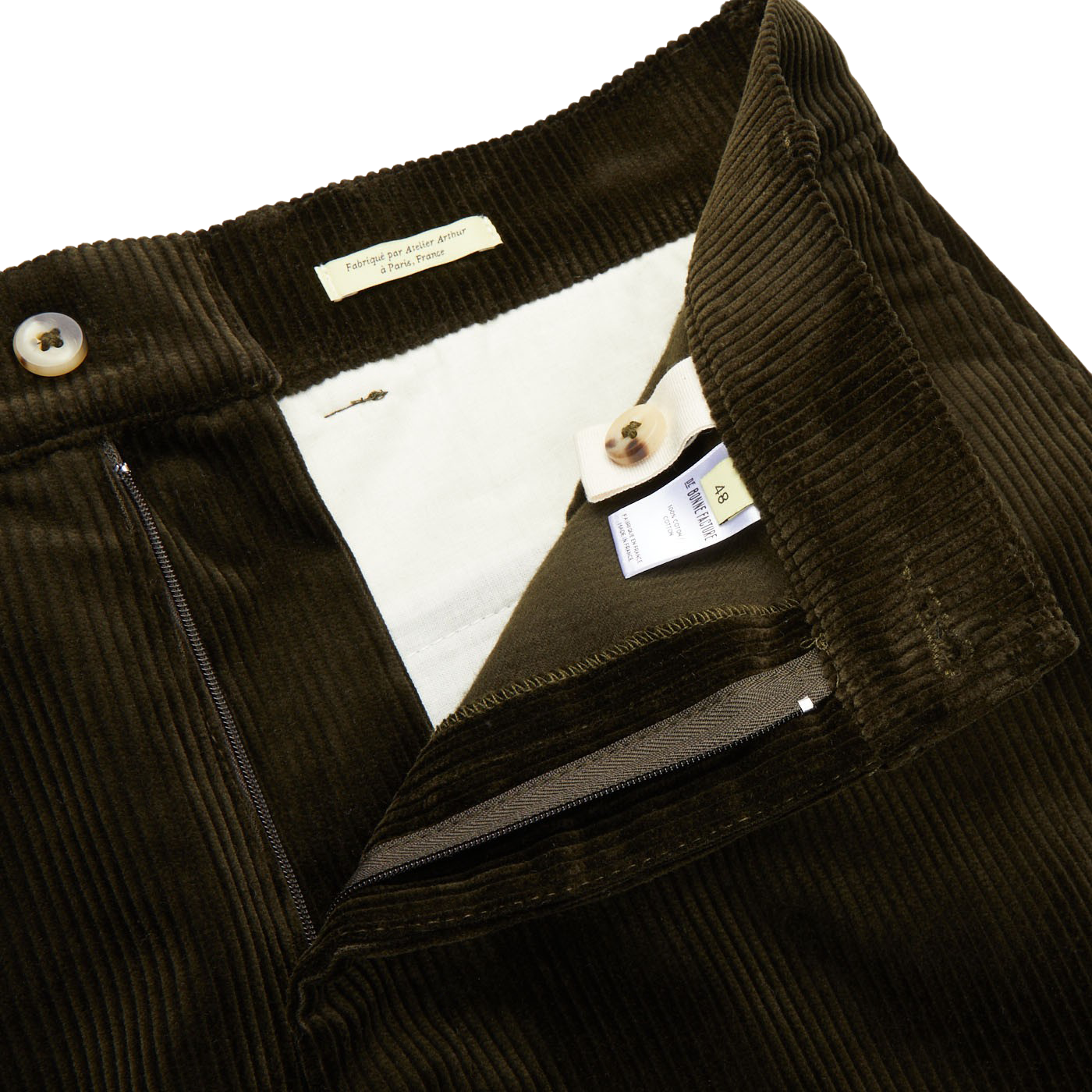 De Bonne Facture Dark Olive Cotton Corduroy Balloon Trousers with a zipper, made of heavy cotton corduroy.
