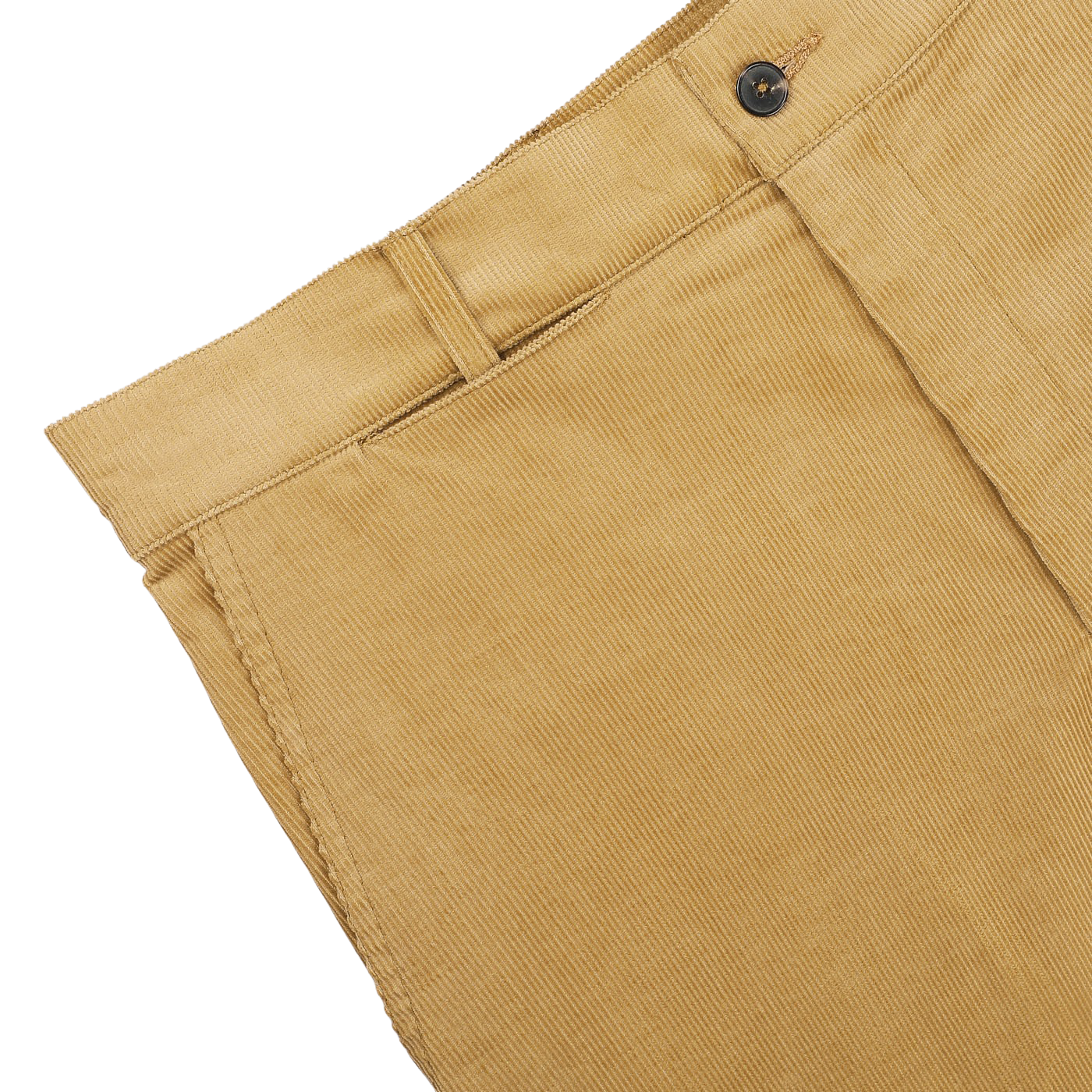 Close-up of De Bonne Facture's Gold Mustard Cotton Corduroy Balloon Trousers, featuring a waistband with a belt loop and button closure—perfect workwear pieces for any wardrobe.