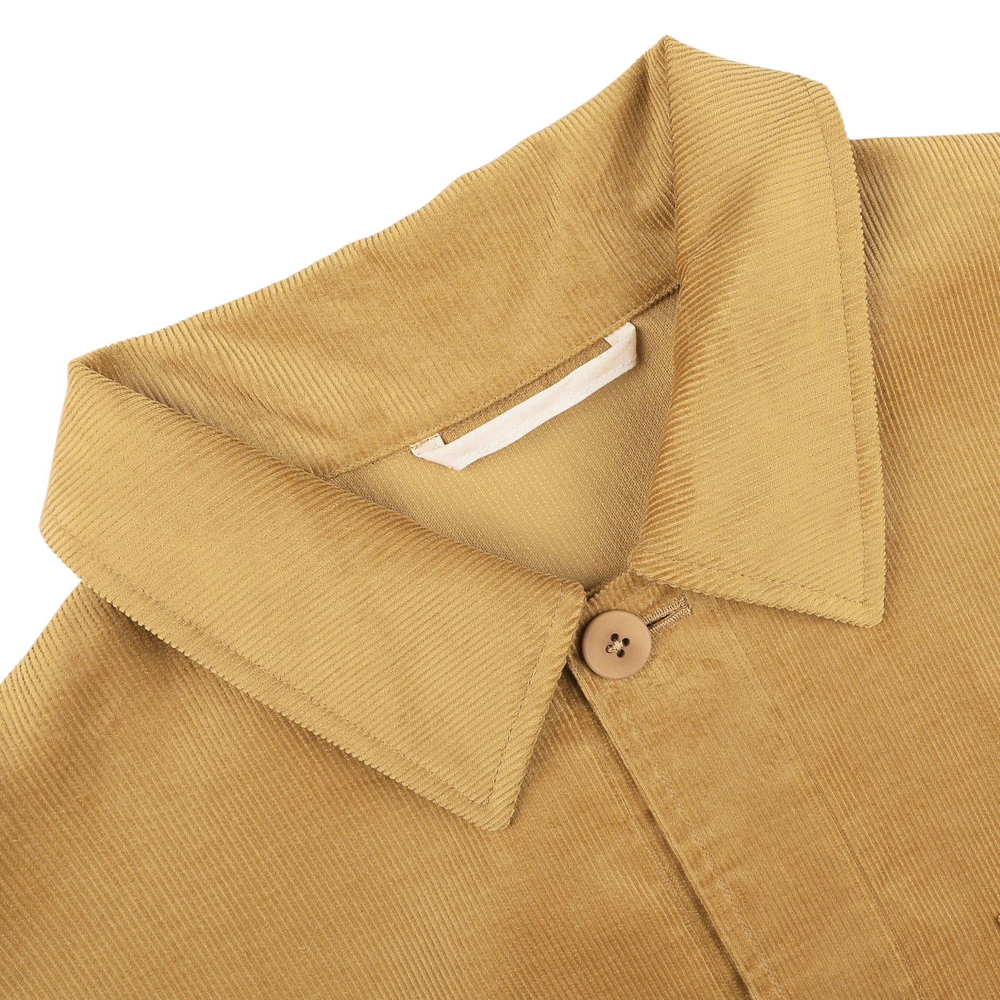 Close-up of the De Bonne Facture Gold Mustard Cotton Corduroy Work Jacket, highlighting the collar, a single button, and part of the body fabric against a plain background.