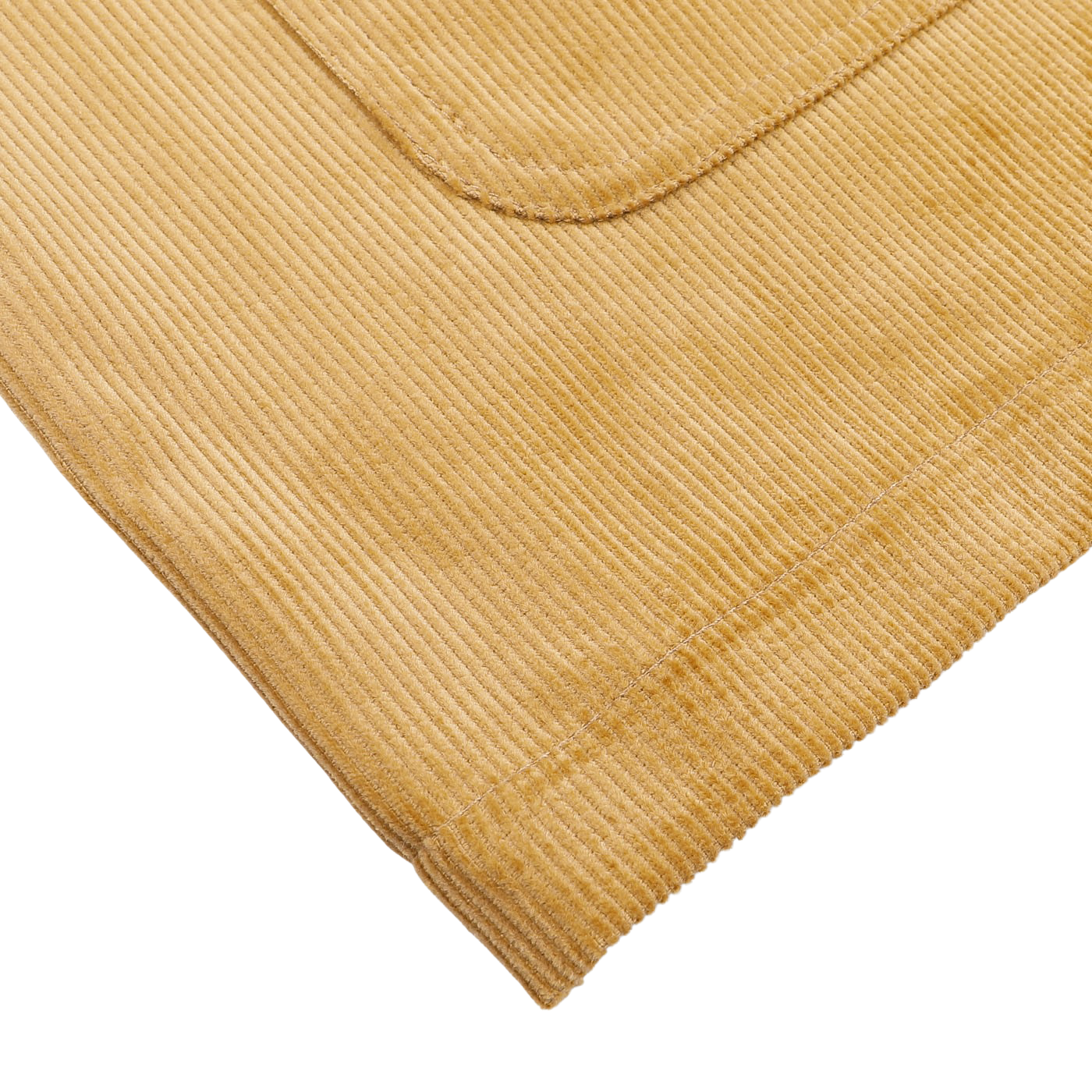 Close-up view of a light brown corduroy fabric with visible vertical ridges, corners, and stitching details, reminiscent of De Bonne Facture's Gold Mustard Cotton Corduroy Work Jacket.