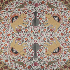 The Ispahan Folk Pattern Printed Wool Twill Scarf by De Bonne Facture showcases a detailed tapestry design with mirrored lions, floral patterns, and decorative birds. Crafted in sumptuous wool, it features a vase motif at its center and embodies the essence of folk art in vibrant red, orange, and green colors.