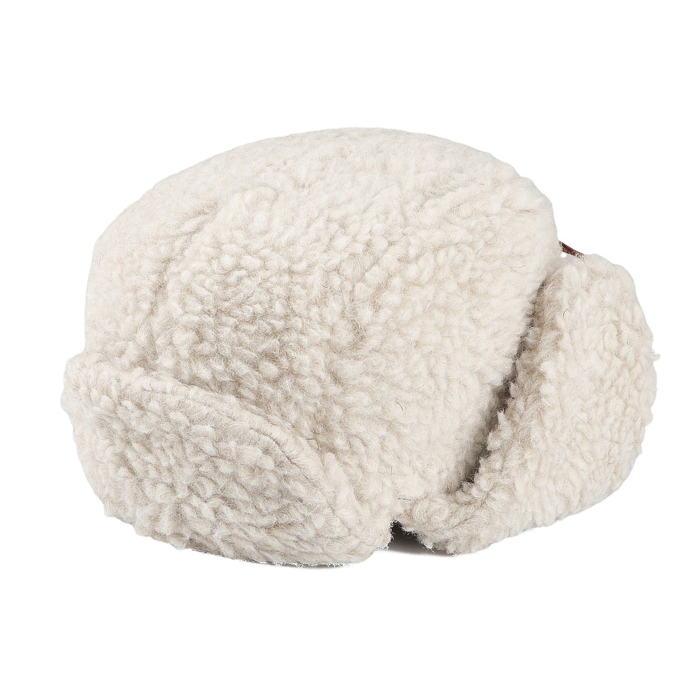 The Natural Wool Fleece Chapka Hat by De Bonne Facture is an elegant white sherpa fleece hat with earflaps, crafted from natural wool fleece and featuring a stylish calf leather string fastening. It is beautifully showcased against a plain background.