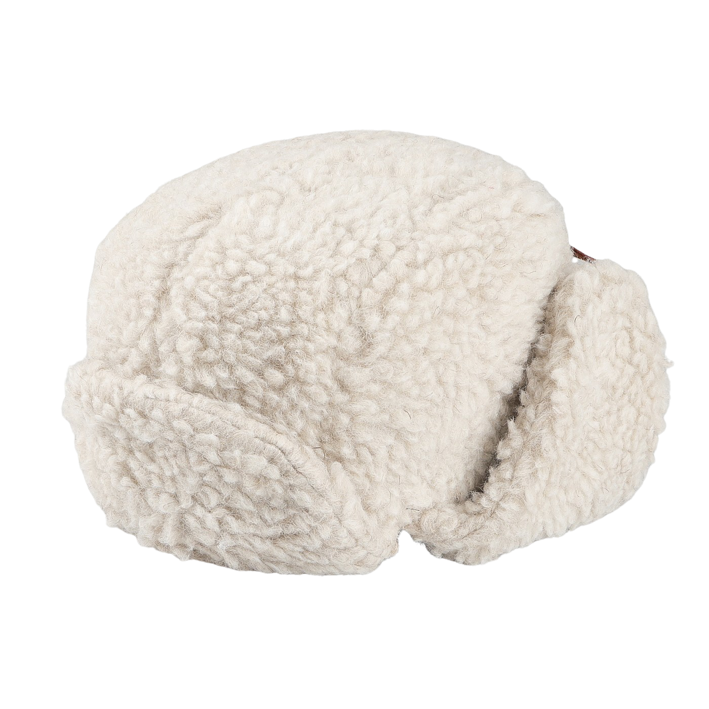 The Natural Wool Fleece Chapka Hat by De Bonne Facture, featuring a fluffy white sherpa design with ear flaps and a calf leather string fastening, is displayed against a neutral background.