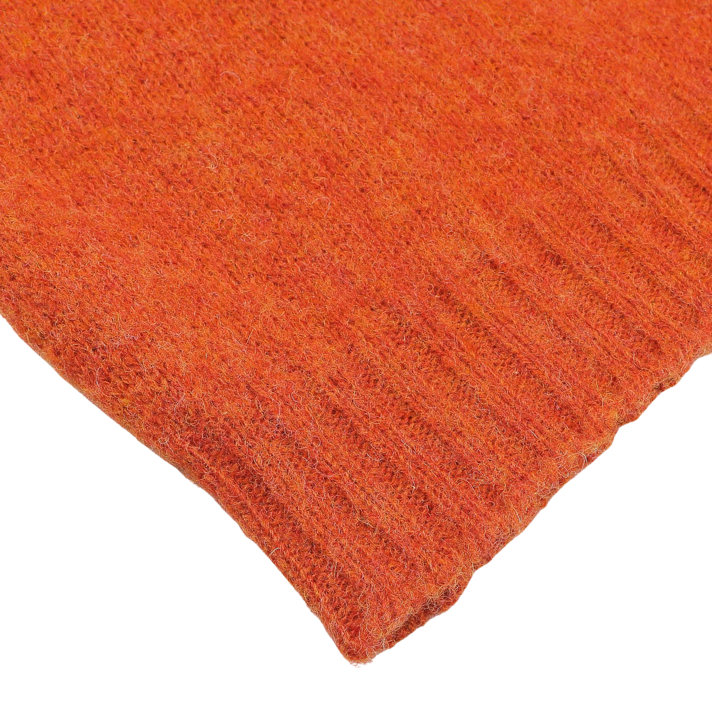 Close-up image of a textured, deep orange De Bonne Facture Orange Shetland Shaggy Dog Sweater with a ribbed edge.