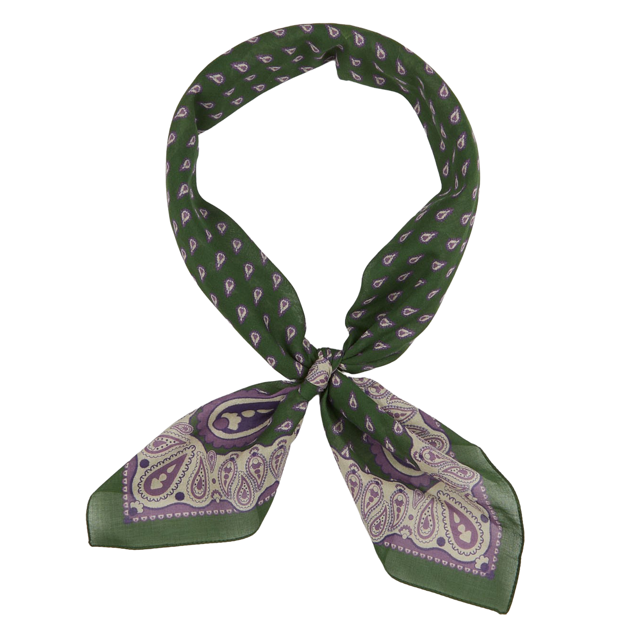 Pine Green Paisley Cotton Voile Bandana by De Bonne Facture neatly tied in a knot on a white background.