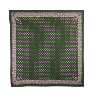 Pine Green Paisley Cotton Voile Bandana by De Bonne Facture, with a decorative border, featuring a symmetrical pattern and four large paisley motifs at each corner.
