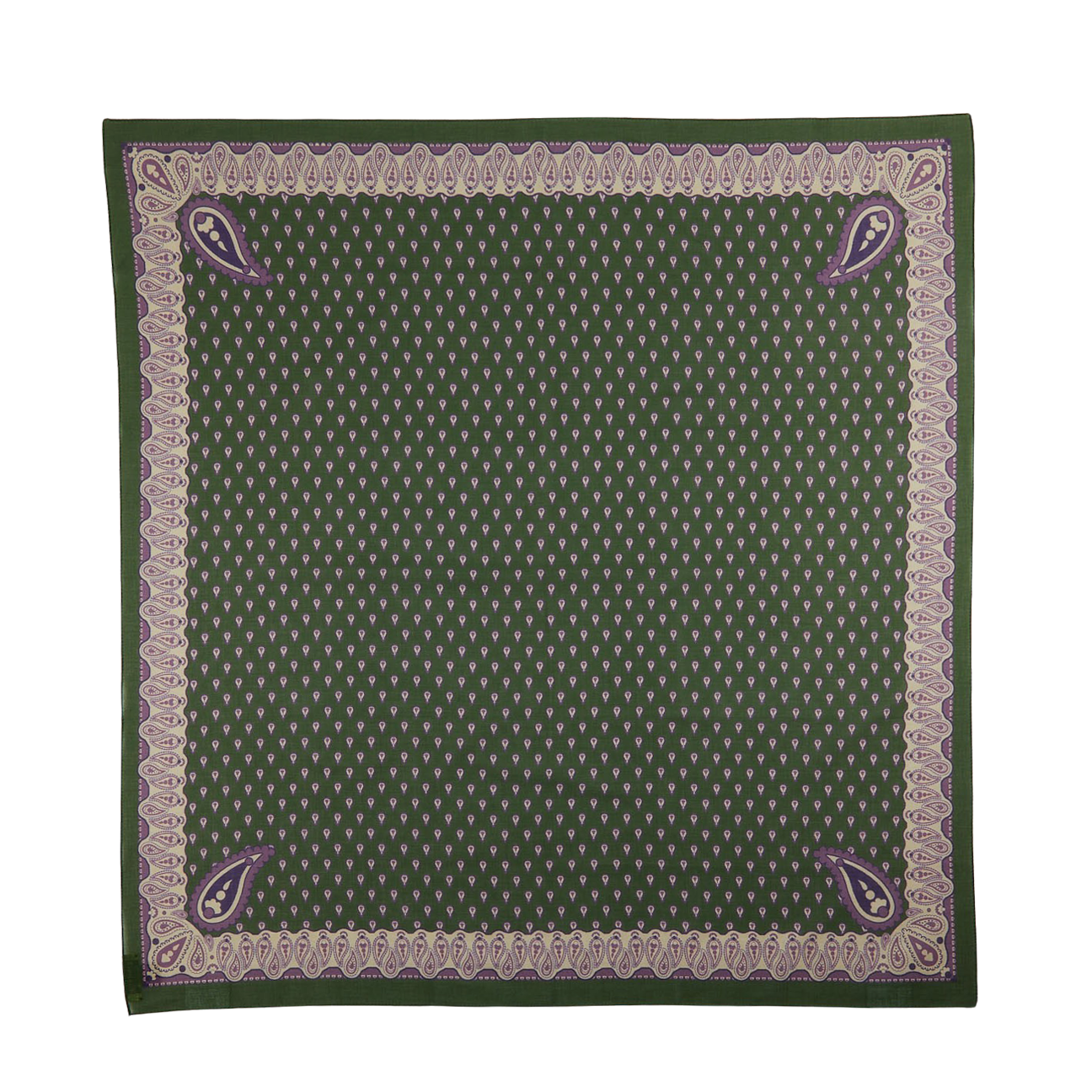 Pine Green Paisley Cotton Voile Bandana by De Bonne Facture, with a decorative border, featuring a symmetrical pattern and four large paisley motifs at each corner.