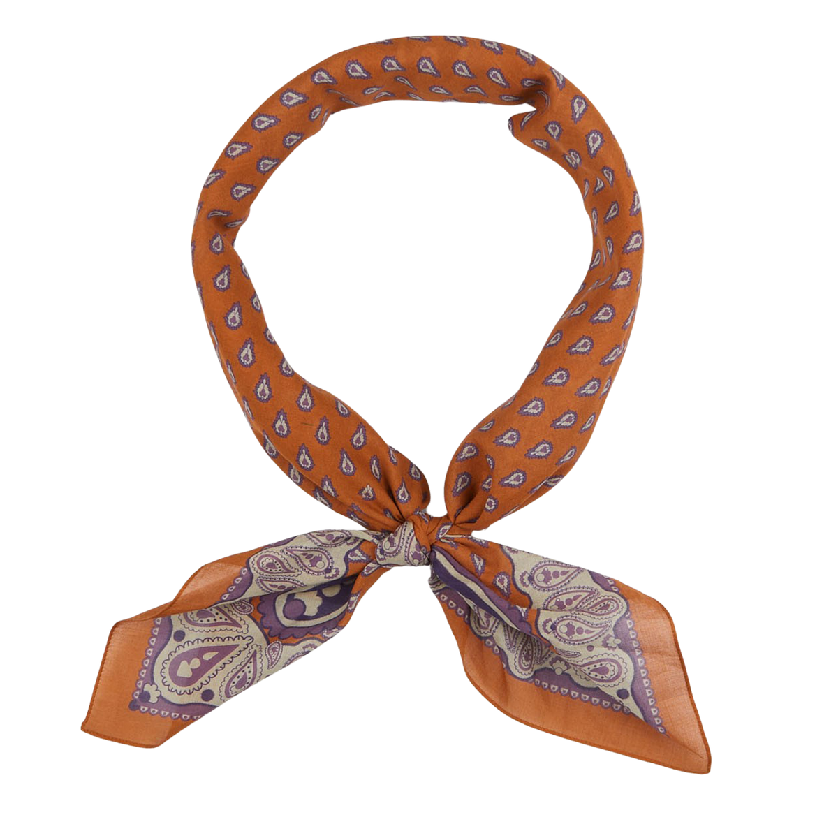 A neatly tied Sienna Brown Paisley Cotton Voile Bandana from De Bonne Facture displayed against a white background.