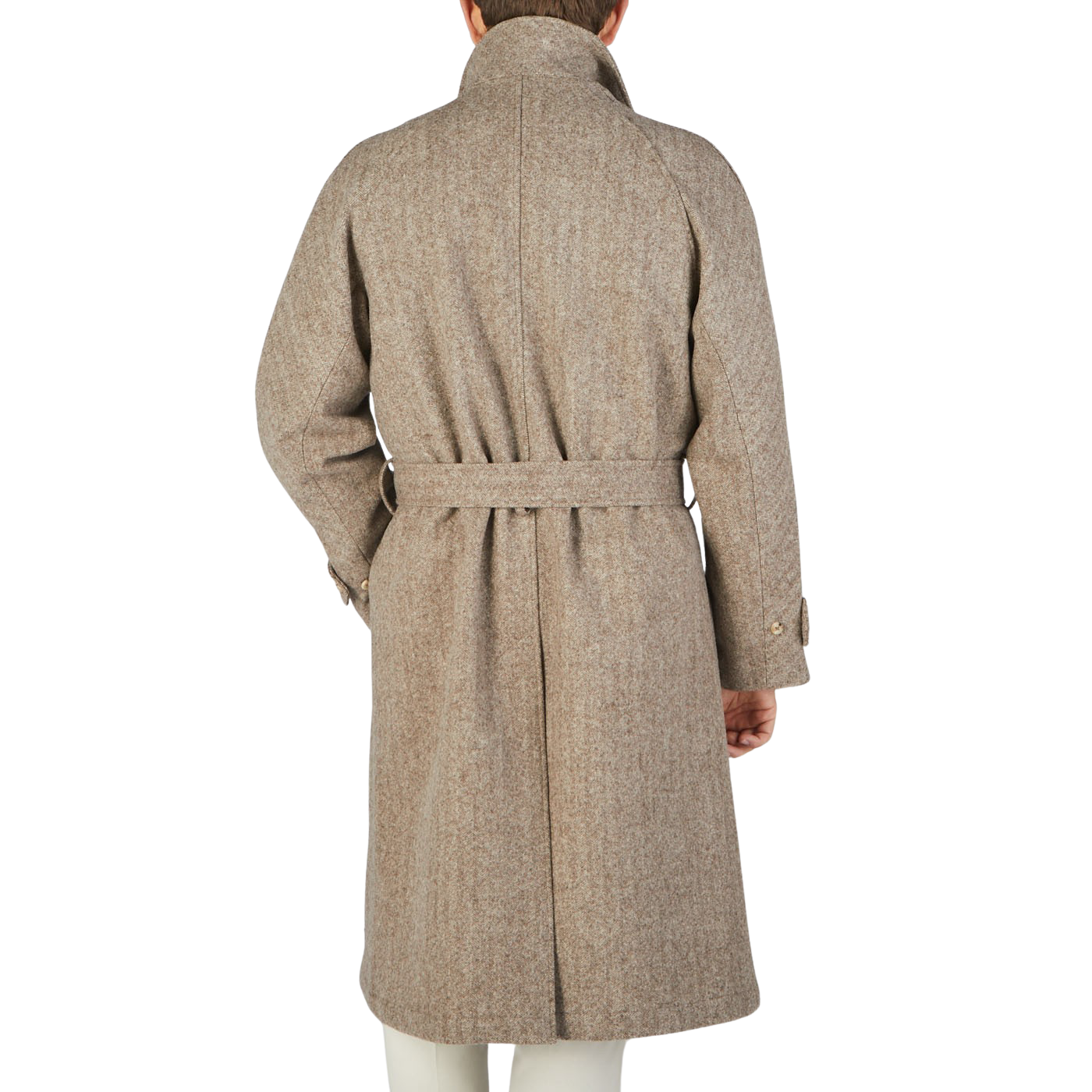 The back view of a man wearing a De Bonne Facture Undyed Wool Herringbone Grandad Coat, exuding a traditional yet contemporary style.