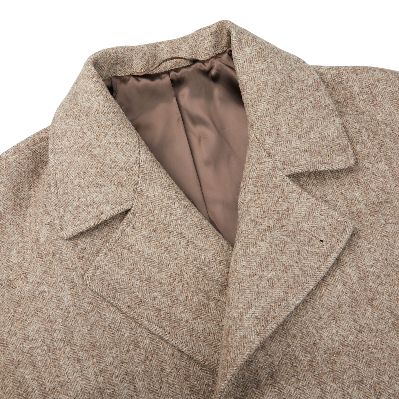 A close up of a De Bonne Facture Undyed Wool Herringbone Grandad Coat.