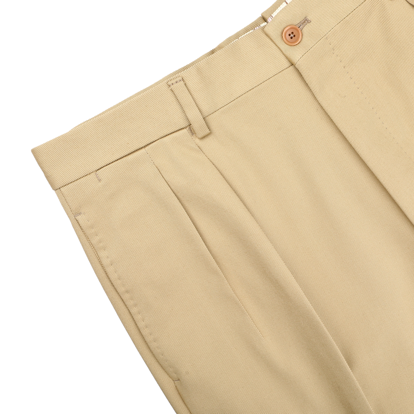 The De Petrillo Beige Cotton Twill Modello E Trousers, featuring pleats, belt loops, and a button closure, are showcased from the waist down against a plain white background.