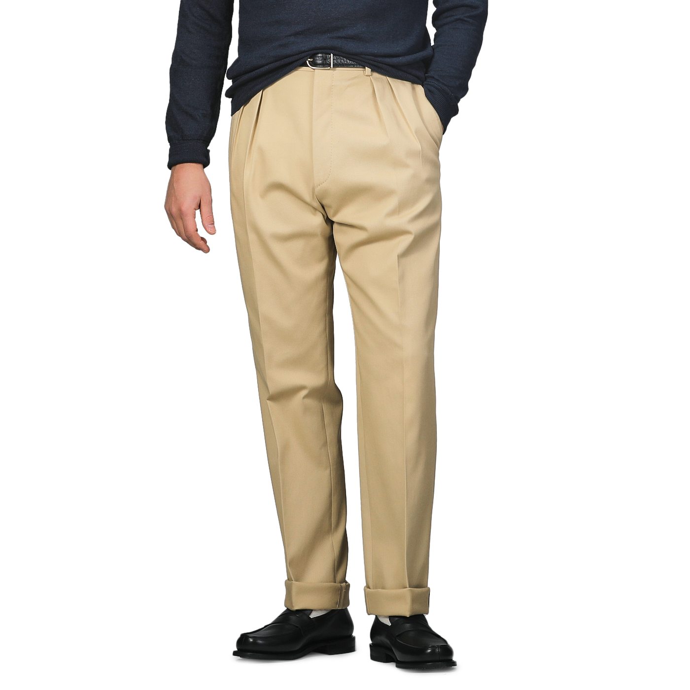 A person wearing a dark long-sleeve shirt, De Petrillo Beige Cotton Twill Modello E Trousers, and black shoes stands against a plain background.