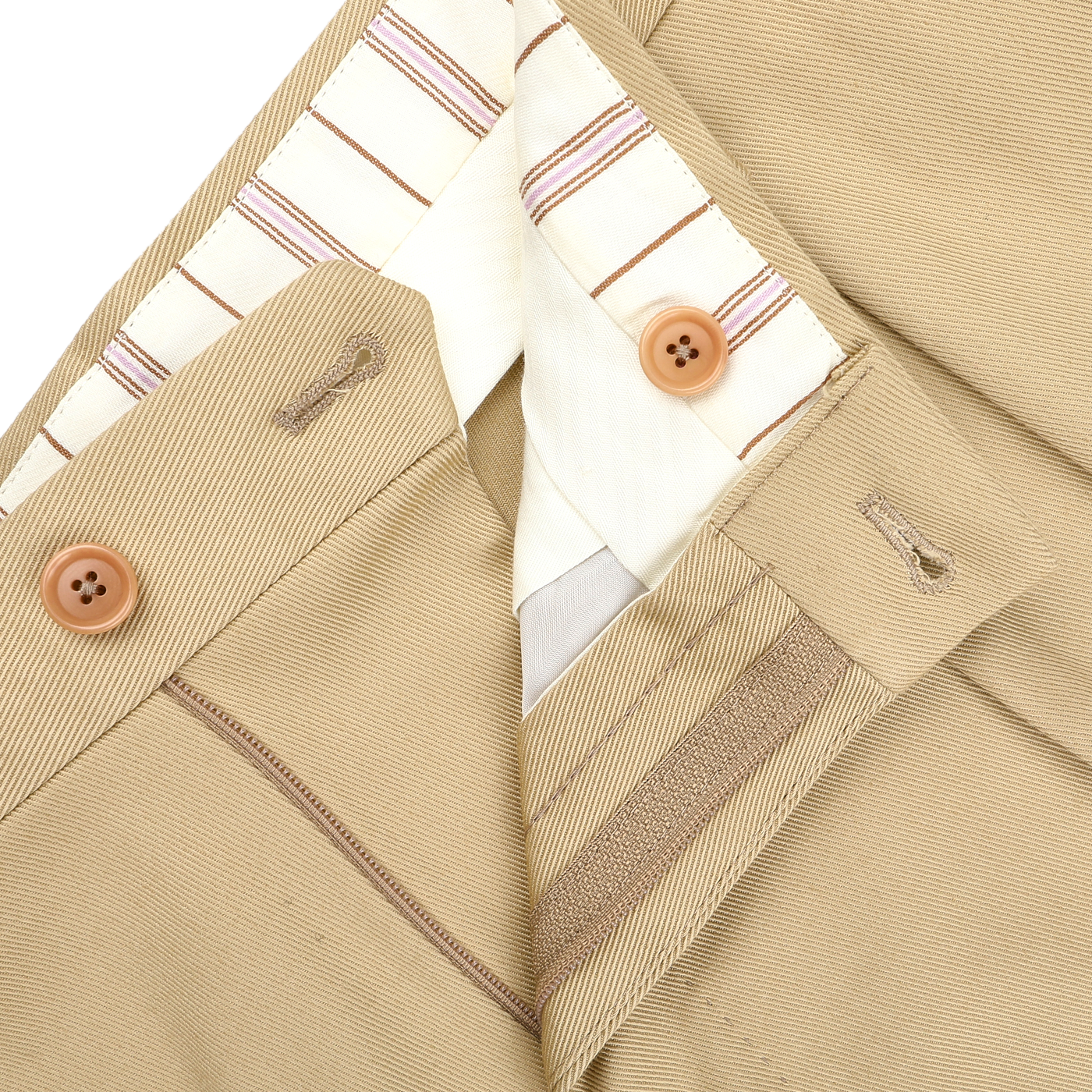 Close-up of De Petrillo's Beige Cotton Twill Modello E Trousers, featuring a button closure, striped inner lining, detailed stitching, and buttonholes. Crafted for style and durability.