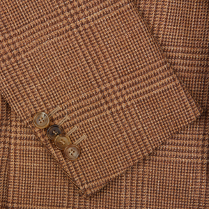 Close-up of a De Petrillo Brown Checked Wool Silk Linen Posillipo Blazer with brown buttons.