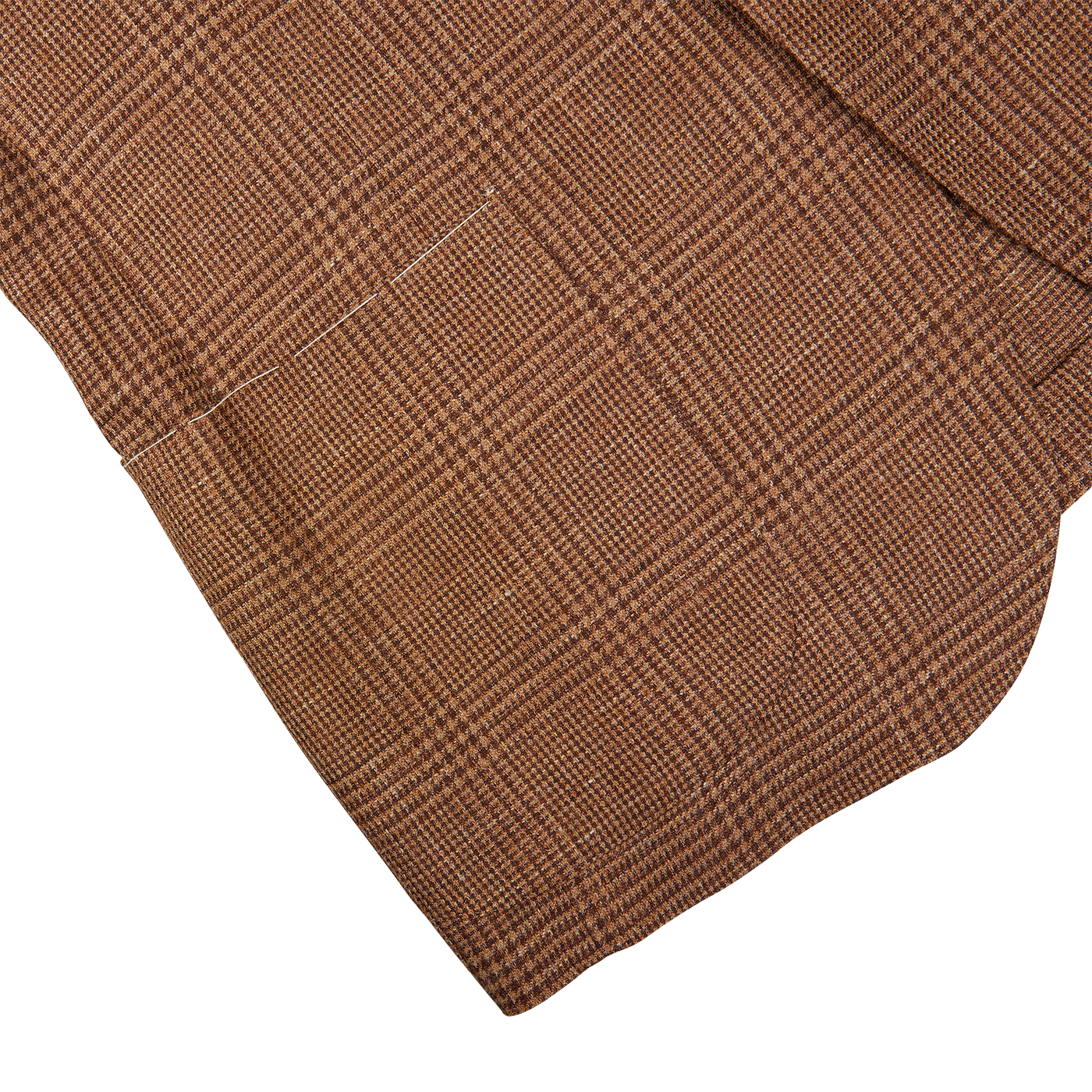 Brown fabric placemats with checked pattern on a striped cream and brown tabletop were replaced with De Petrillo Brown Checked Wool Silk Linen Posillipo Blazer.